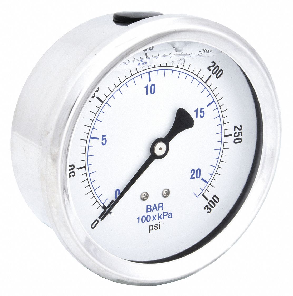 Industrial Pressure Gauge: 0 psi / Hg to 300 psi, 4 in Dial, 1/4 in NPT Male, Center Back