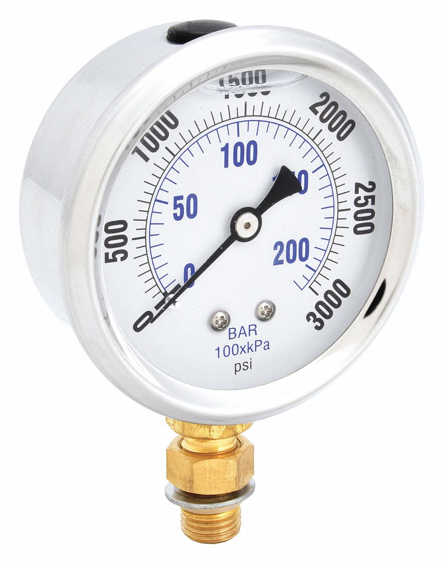 PRESSURE GAUGE,0 TO 3000 PSI,2 1/2 DIAL