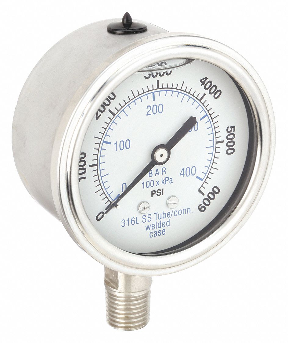 Industrial Pressure Gauge: 0 psi / Hg to 6, 000 psi, 2 1/2 in Dial, 1/4 in NPT Male, 300