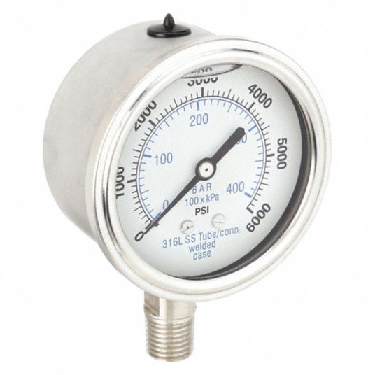 PIC GAUGES, 0 to 6,000 psi, 2 1/2 in Dial, Industrial Pressure Gauge ...