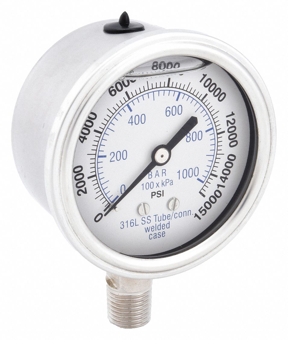 Industrial Pressure Gauge: 0 psi / Hg to 15, 000 psi, 2 1/2 in Dial, 1/4 in NPT Male, 300