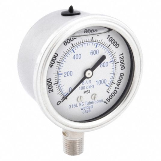 Pic Gauges, 0 To 15,000 Psi, 2 1 2 In Dial, Industrial Pressure Gauge 