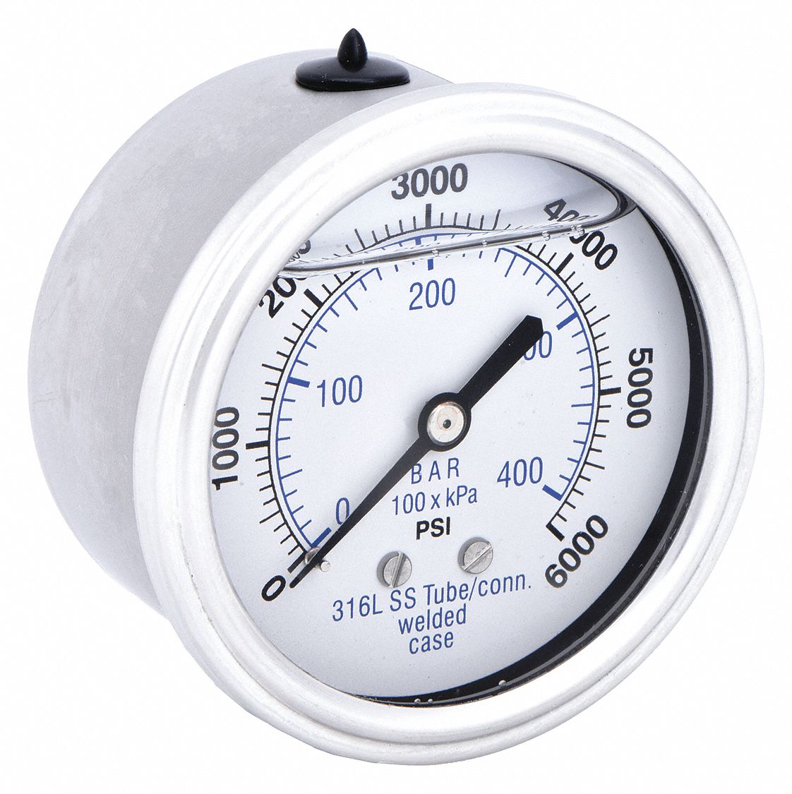 Industrial Pressure Gauge: 0 psi / Hg to 6, 000 psi, 2 1/2 in Dial, 1/4 in NPT Male, 300