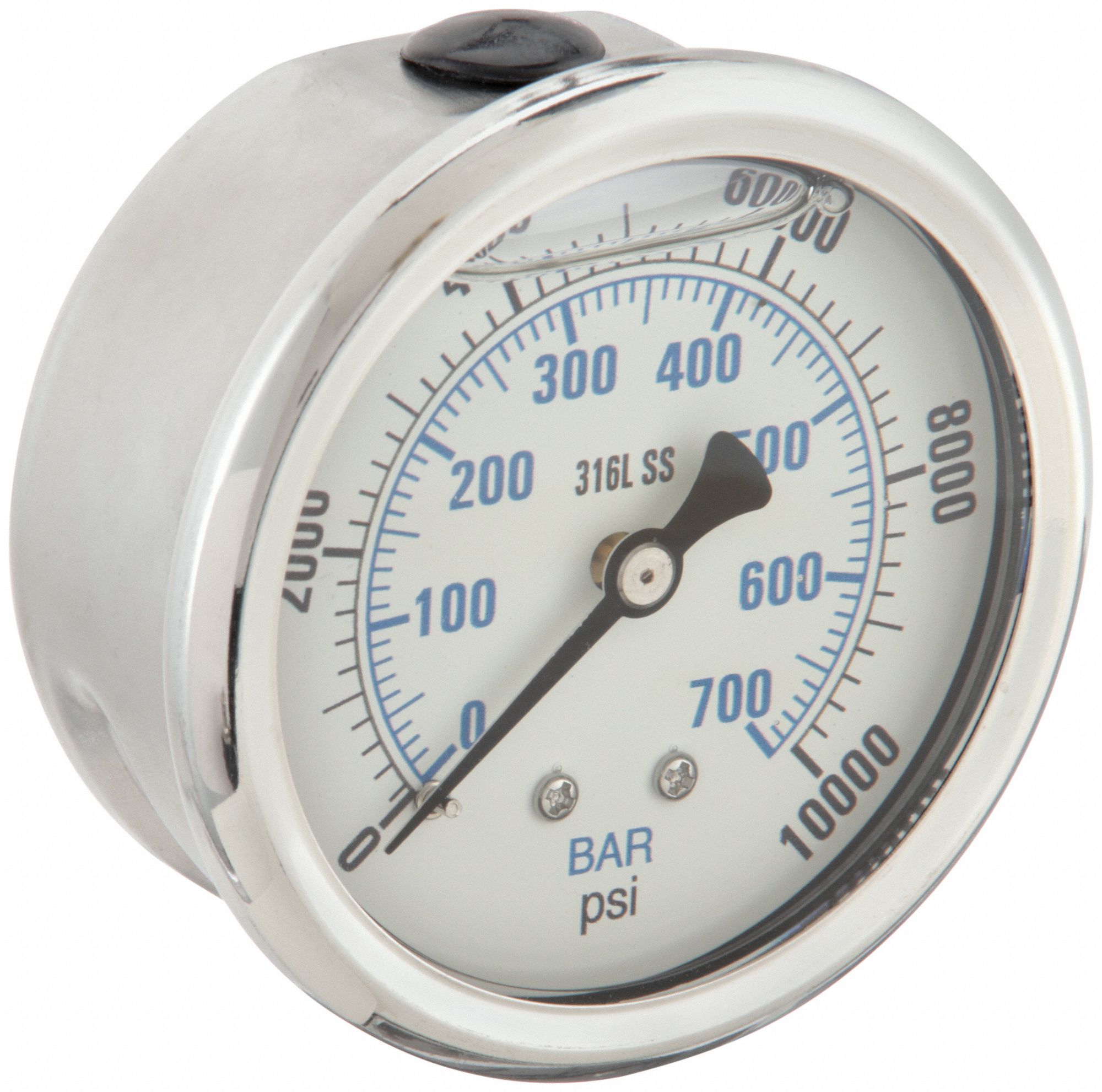 INDUSTRIAL PRESSURE GAUGE, 10,000 PSI TO 0 PSI/HG TO 10,000 PSI, 2 1/2 IN DIAL, 300