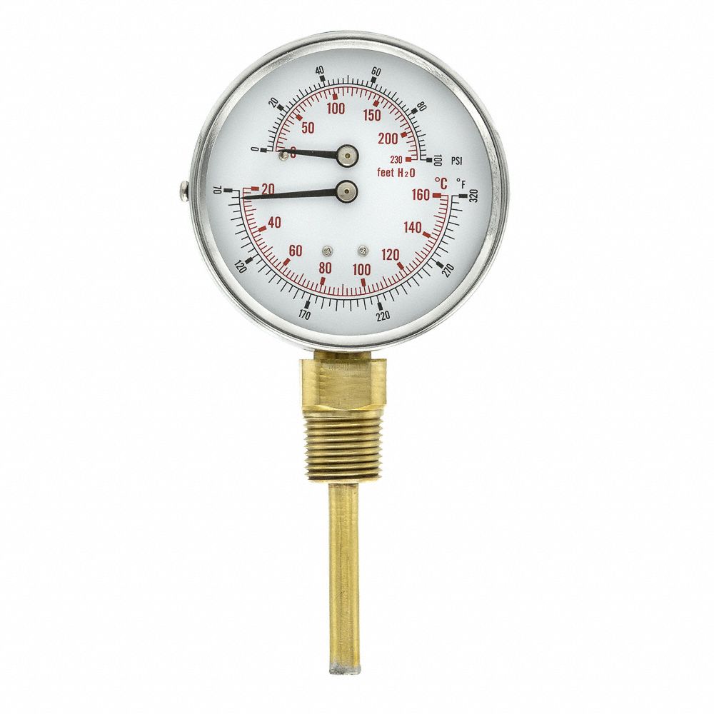 PIC GAUGES Round Boiler Gauge: 0 to 100 psi, 70° to 320°F, 3 in Dial, 1 ...