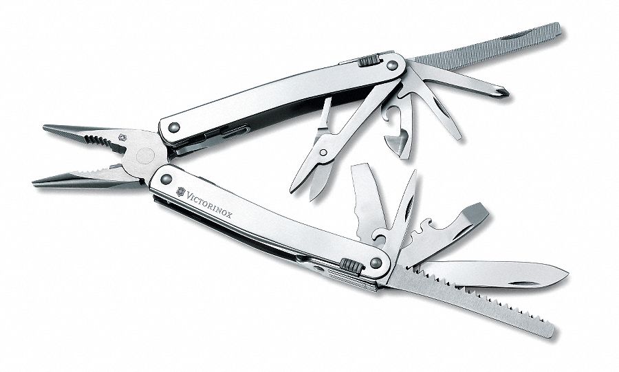 SWISS ARMY MULTI-TOOL PLIER, 10 TOOLS, 24 FUNCTIONS, 4 IN CLOSED L, SELINOID