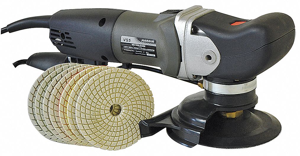 Wet Polisher: 4 in Max., Threaded Shank, Right Angle with Front Grip, 7 Accessories, 120 V