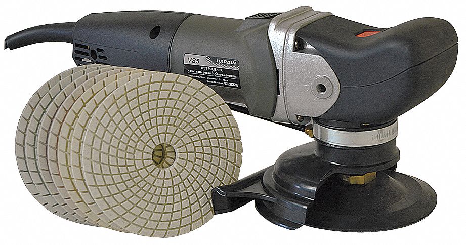 Wet Polisher: 5 in Max., Threaded Shank, Right Angle with Front Grip, 7 Accessories, 120 V