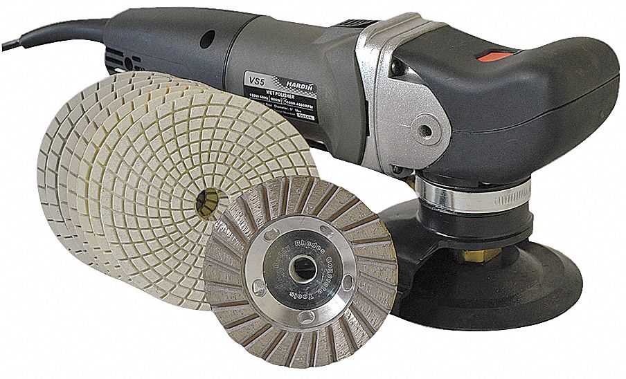 Wet Polisher: 5 in Max., Threaded Shank, Right Angle with Front Grip, 8 Accessories, 120 V