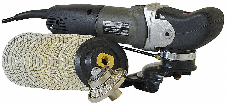 Wet Polisher: 4 in Max., Threaded Shank, Right Angle with Front Grip, 8 Accessories, 120 V