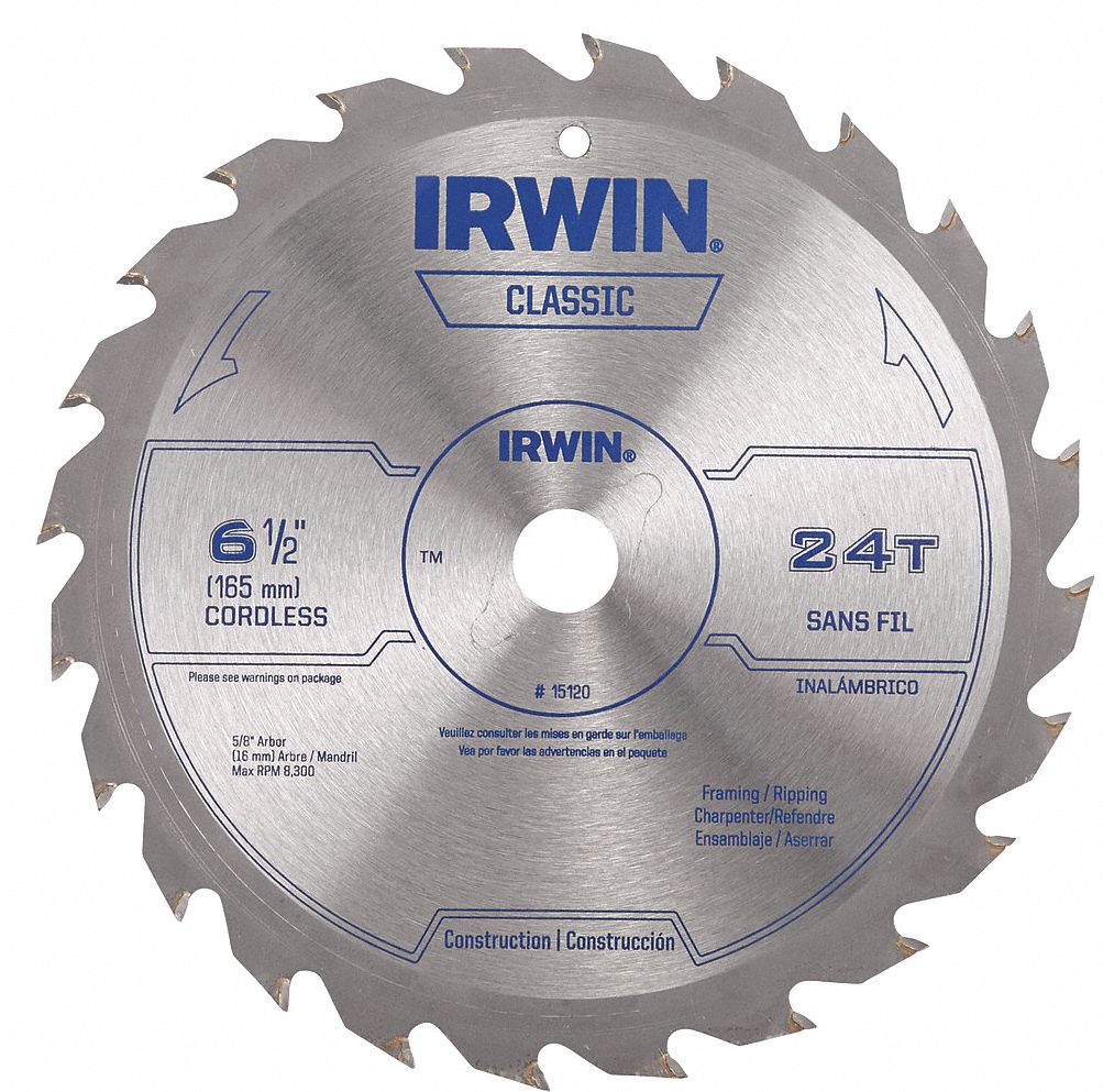 CIRCULAR SAW BLADE, CARBIDE, 6½ IN DIA, 24, ⅝ IN, ATB, 22 ° , FOR FRAMING/RIPPING