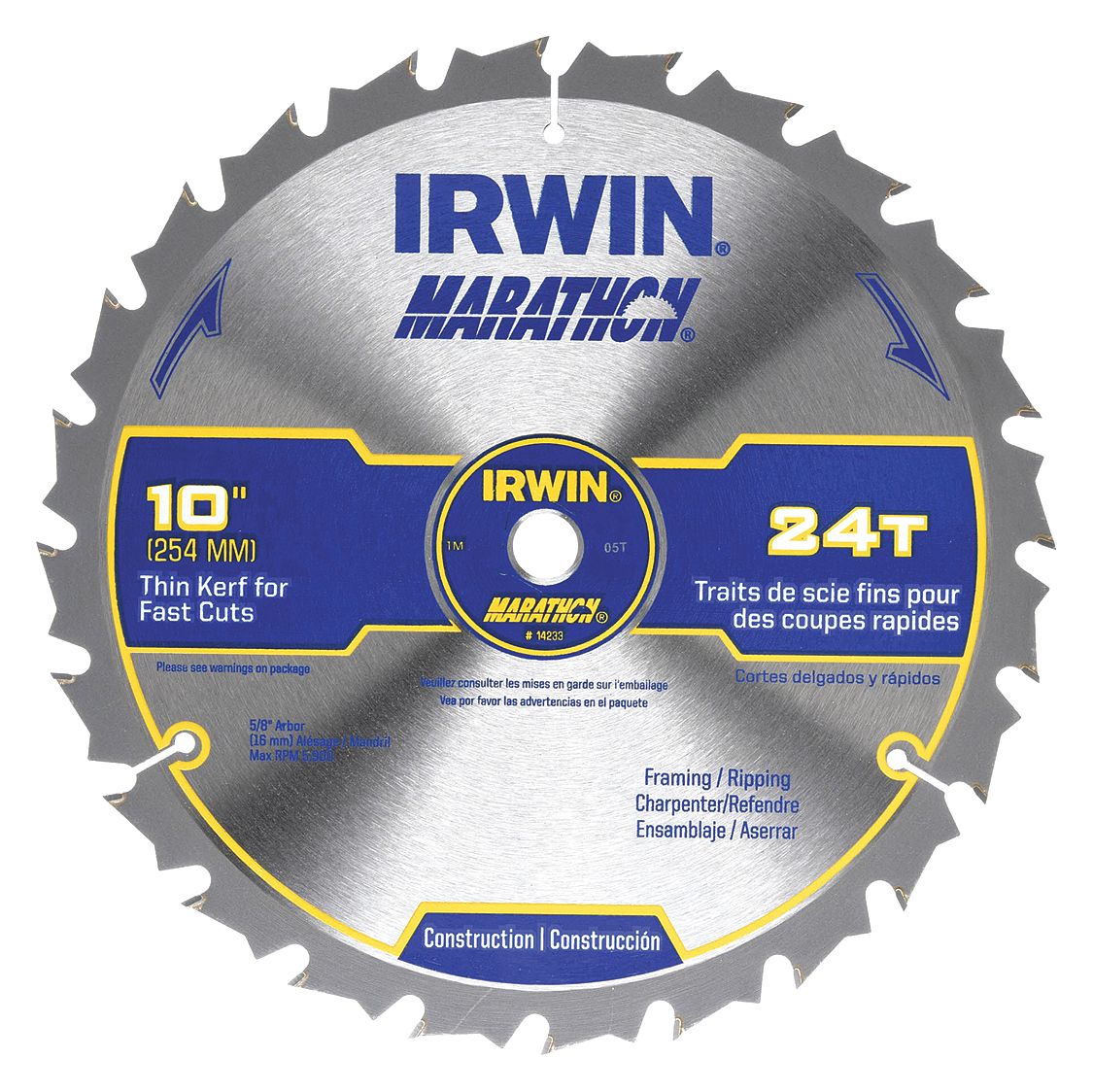 CIRCULAR SAW BLADE, CARBIDE, 10 IN DIA, 24, ⅝ IN, ATB, 20 ° , 0.095 IN, FOR FRAMING