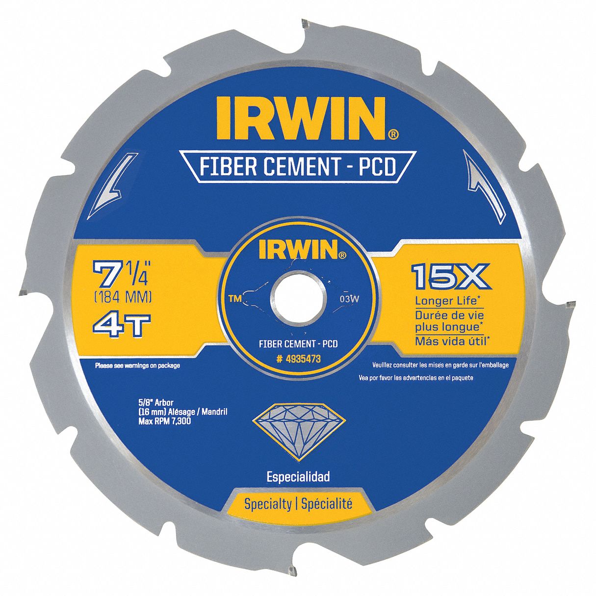 CIRCULAR SAW BLADE, STEEL, 7¼ IN DIA, 4, ⅝ IN, FLAT, 10 ° , 7300 RPM, FIBRE CEMENT