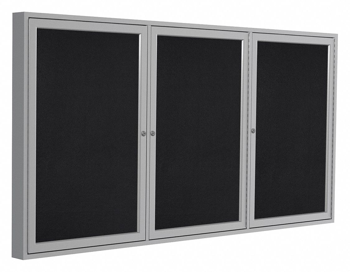 Enclosed Bulletin Board: Swing Door, Aluminum, 48 in Overall Ht, 96 in Overall Wd, Black
