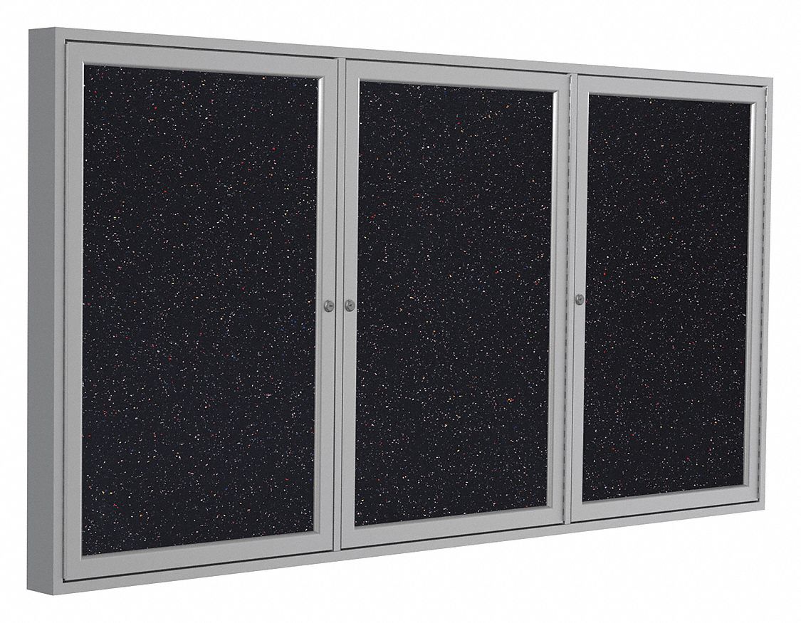 Enclosed Bulletin Board: Swing Door, Aluminum, 48 in Overall Ht, 96 in Overall Wd, Confetti
