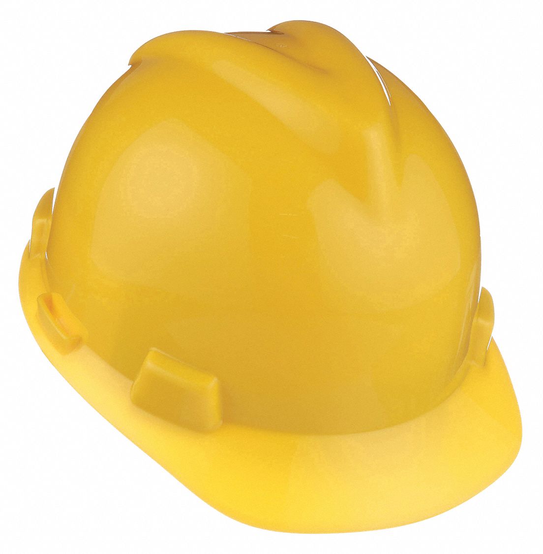 Hard Hat: Yellow, No Graphics, Ratchet (4-Point), Ratchet, Polyethylene, Side-Slots, MSA, Solid