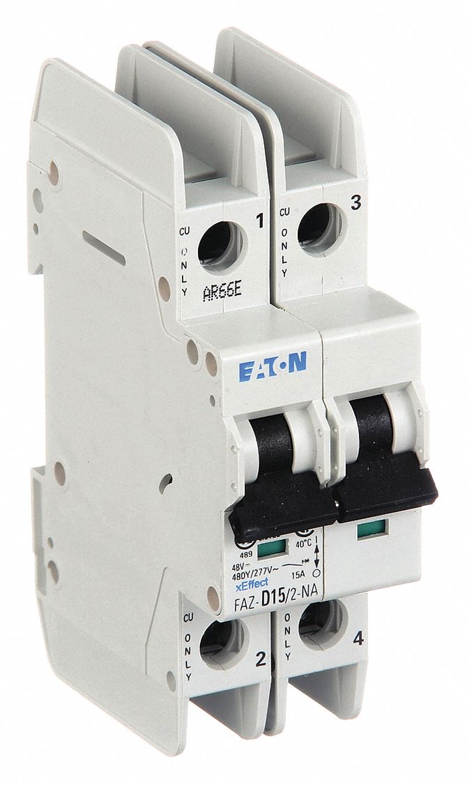 IEC Miniature Circuit Breaker: 15 A Amps, 48/96V DC, 14kA at 277/480V AC, Screw Clamp, FAZ-NA