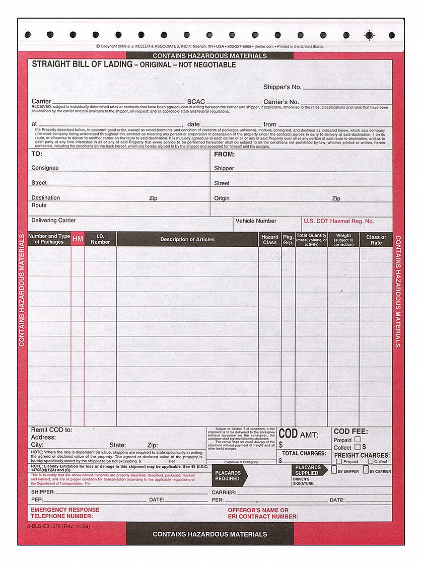 Hazmat Bill of Lading Forms Hazmat PK250