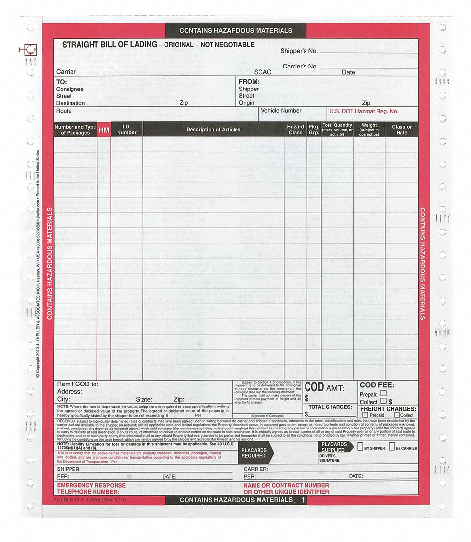 Hazmat Bill of Lading Forms Hazmat PK500