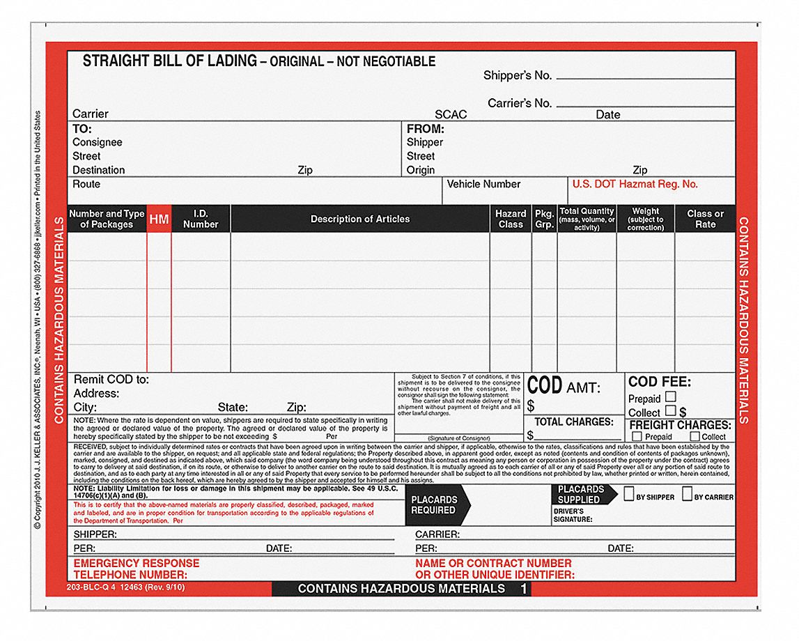 JJ KELLER, Hazmat Bill of Lading Forms - 19YK61|12463 - Grainger