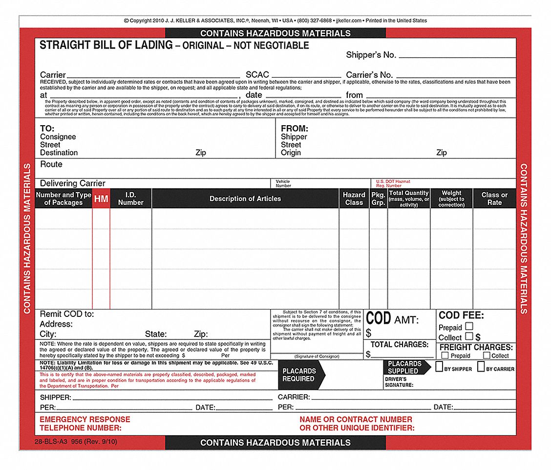 JJ KELLER, Hazmat Bill of Lading Forms 19YK63956 Grainger