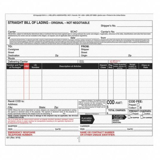 JJ KELLER Bill of Lading Forms: Paper/Form, Chemical Safety, Hazmat ...