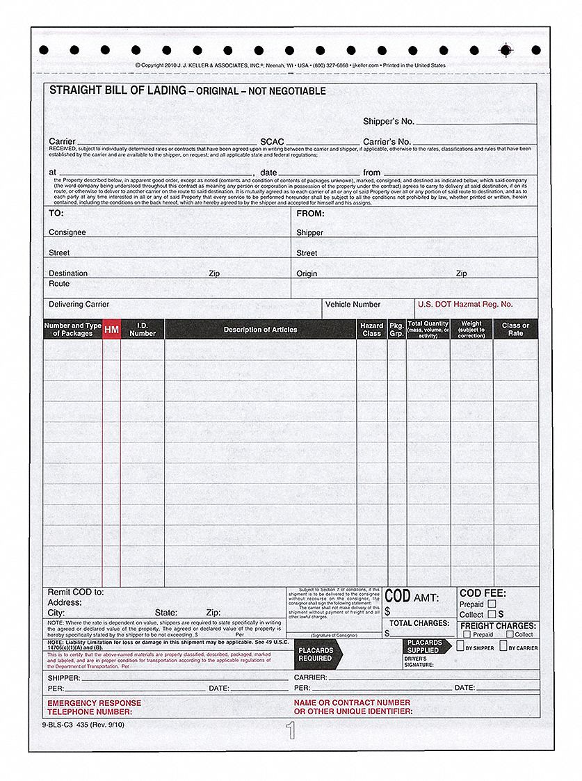 Bill of Lading Form Reg Compliance PK250