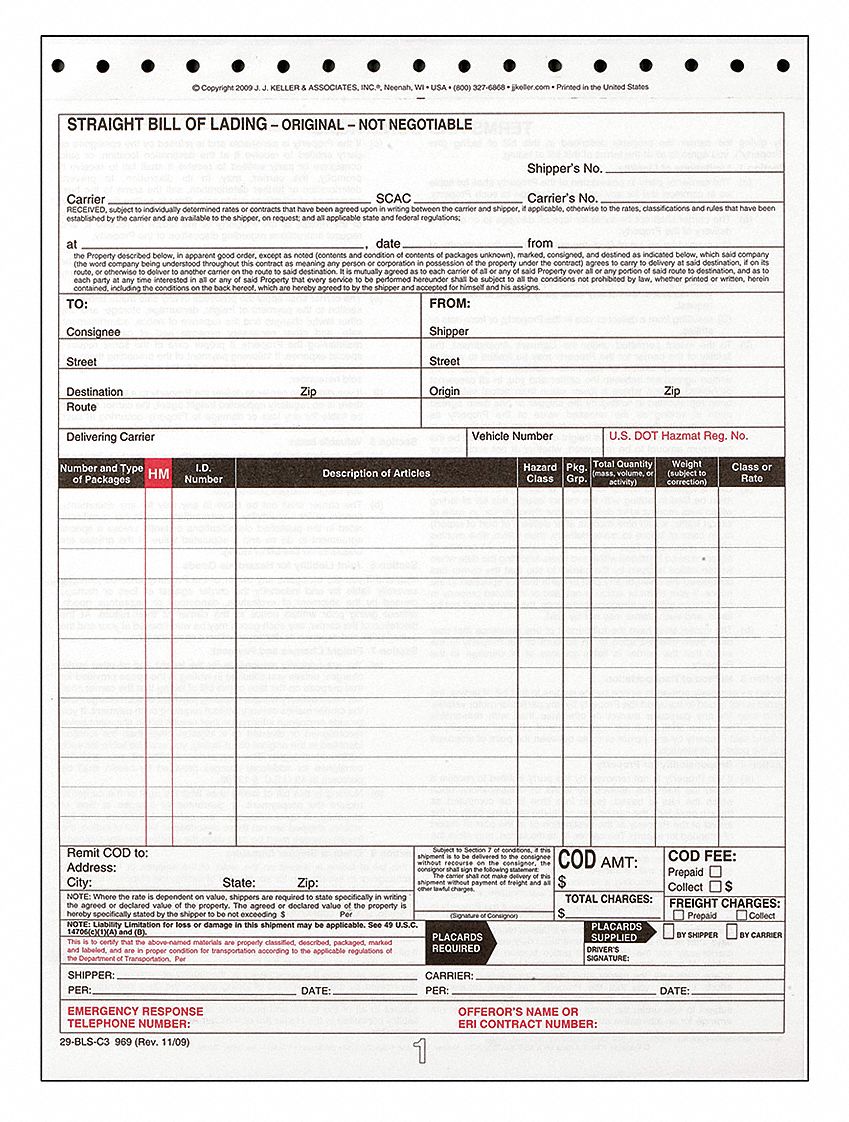 Bill of Lading Form Reg Compliance PK250
