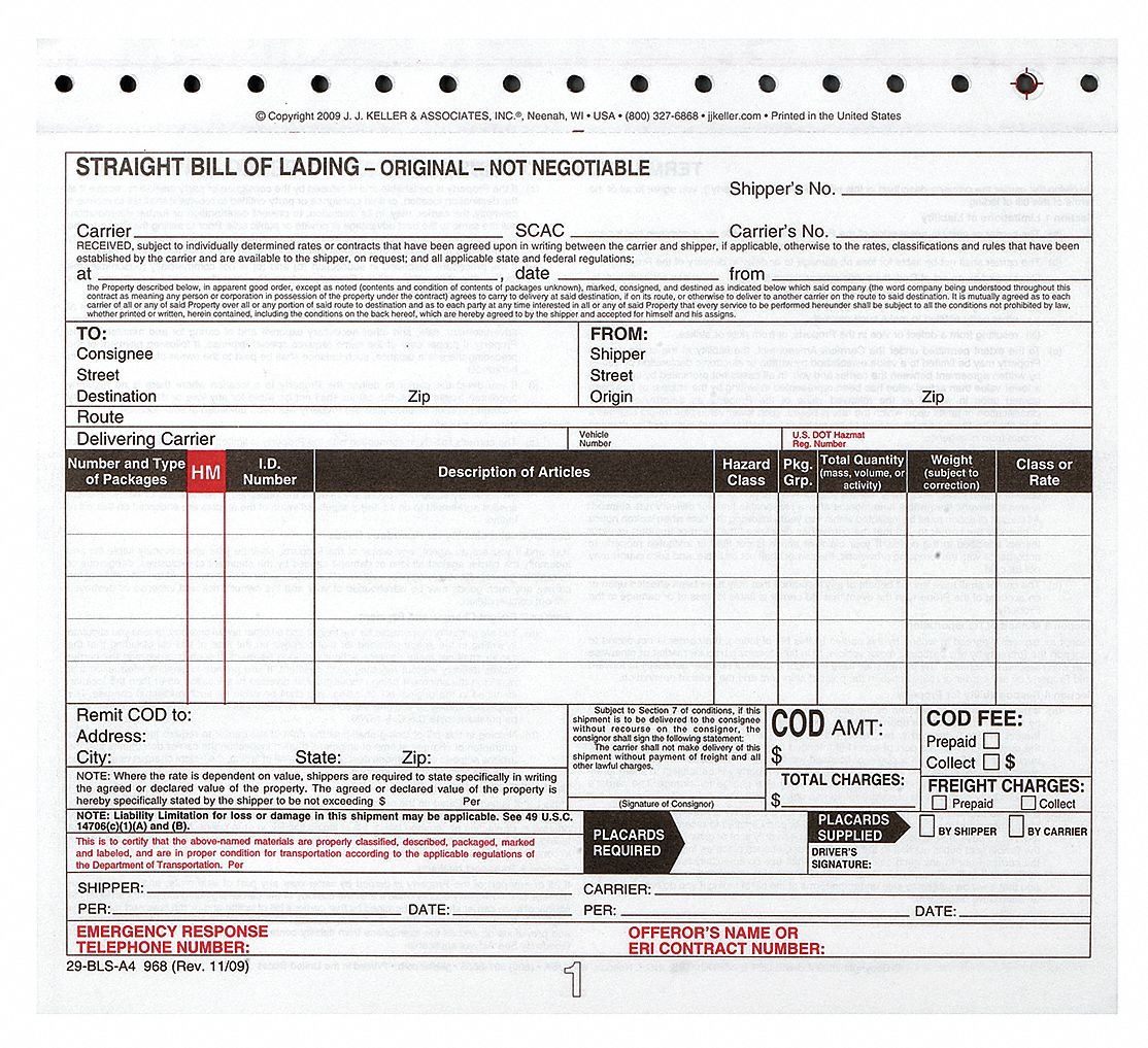 Bill of Lading Form Reg Compliance PK250