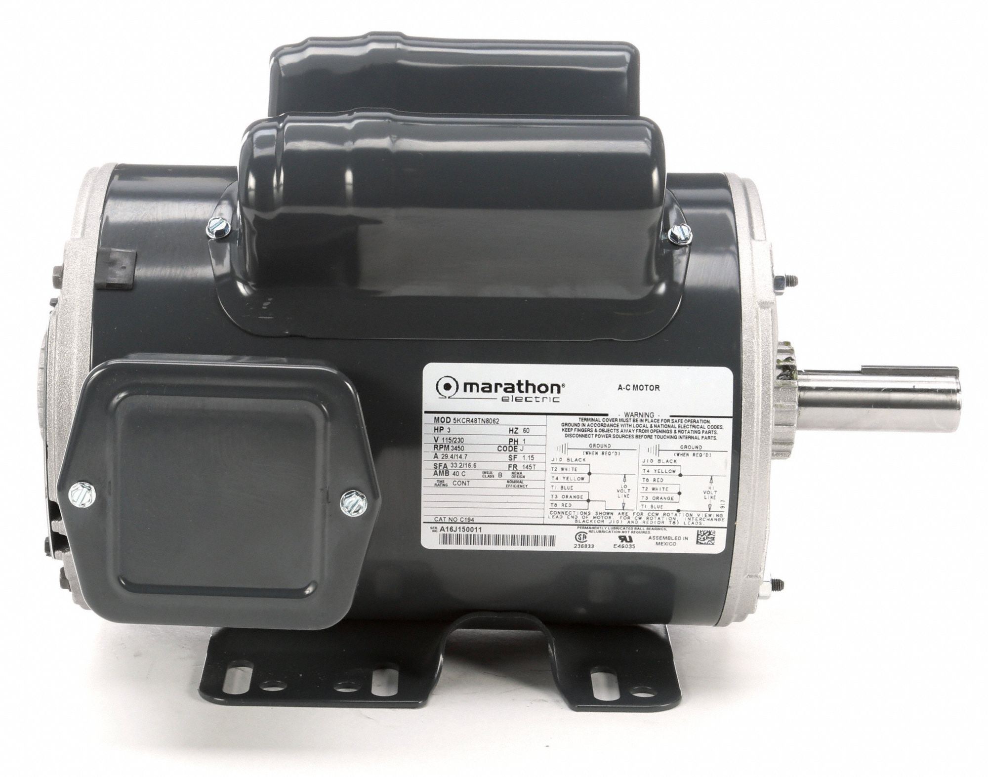 MARATHON MOTORS General Purpose Motor, 3 HP, CapacitorStart/Run