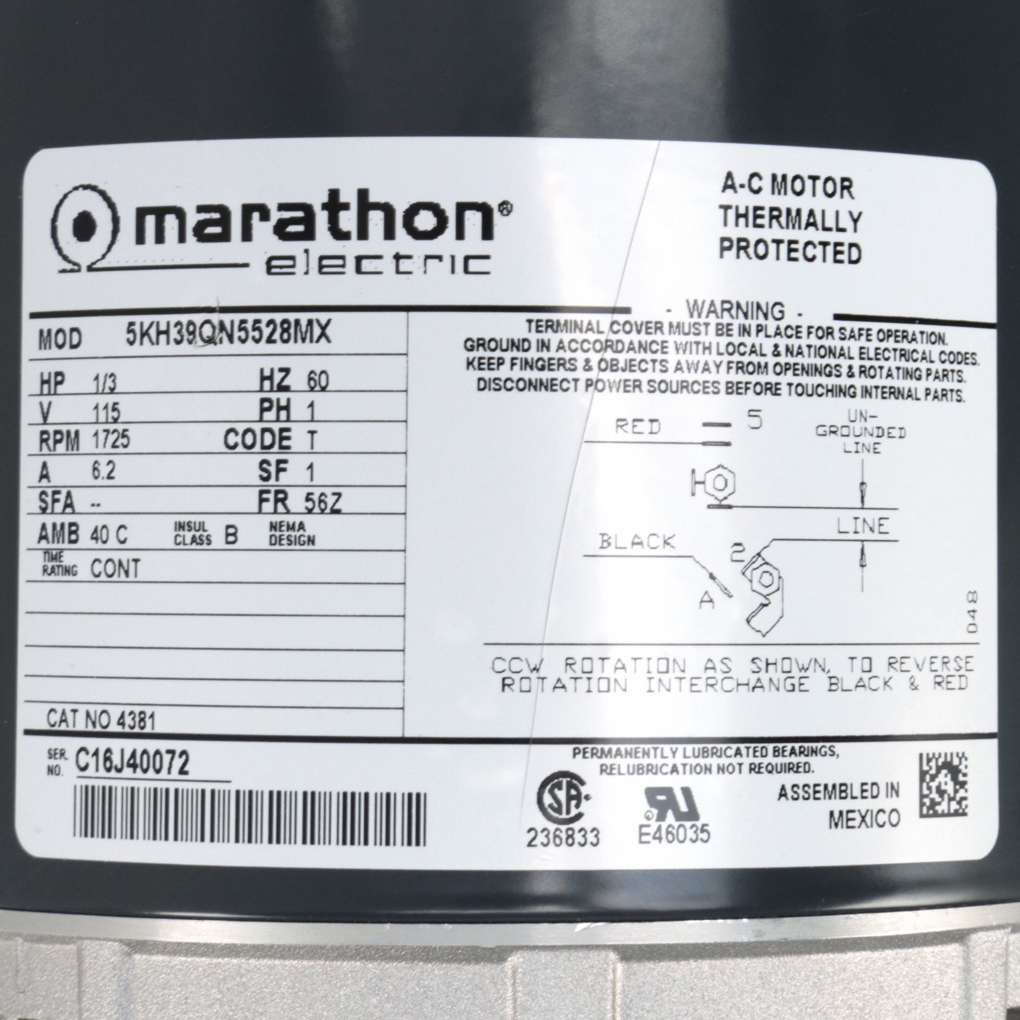MARATHON MOTORS General Purpose Motor, 1/3 HP, SplitPhase, Nameplate