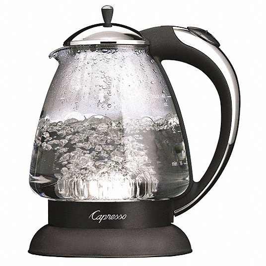 Electric Kettle: Cordless, 48 oz, 7 in Max. Cup Ht, 1,500 W, Plastic/Glass