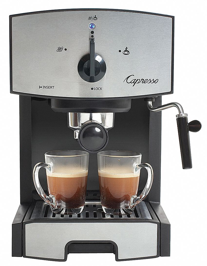 Espresso Machine: Dual, 42 oz, 42 oz Brewing Capacity, 120V, 60 Hz, 1350W, Black/Silver