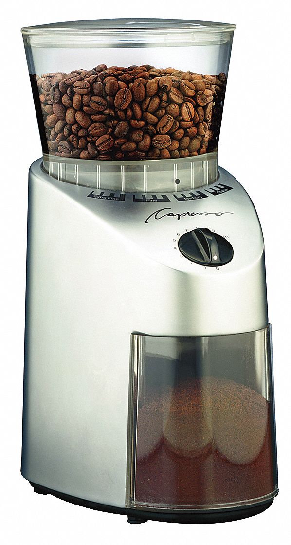 Coffee Grinder: 0.6 lb Capacity, Single Hopper, Silver, Plastic/Stainless Steel