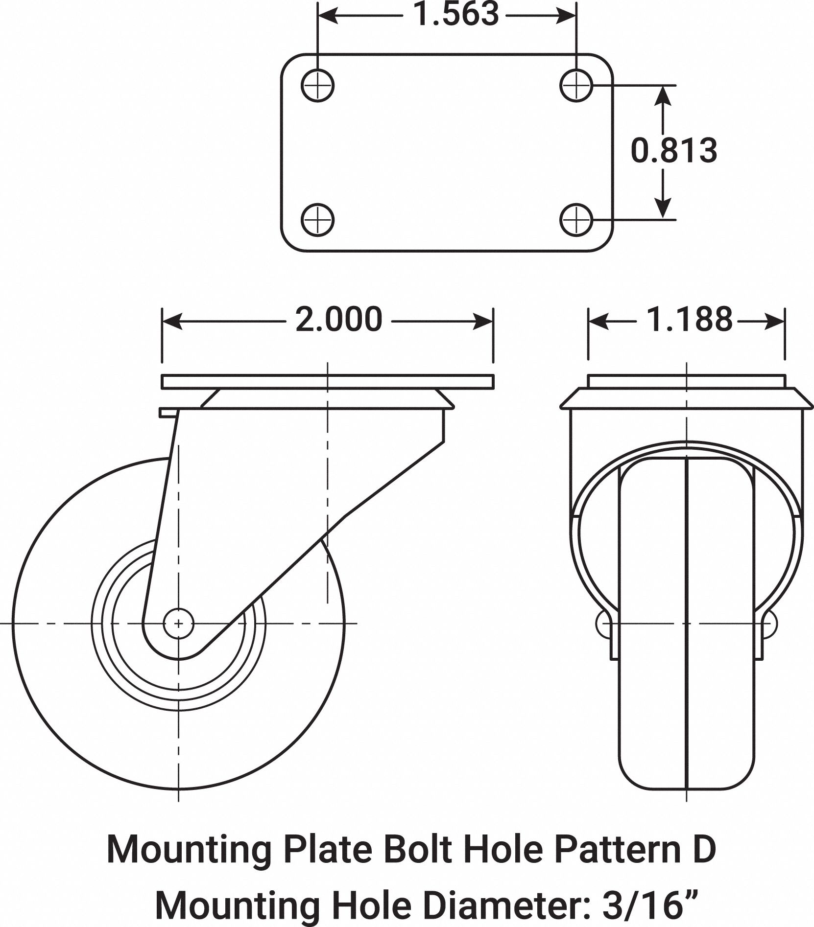 GRAINGER APPROVED Standard Plate Caster, Swivel, Rubber, 75 lb, 2 in