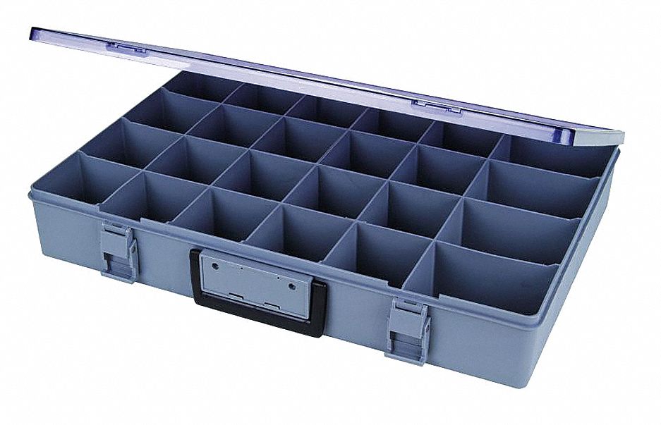 COMPARTMENT BOX, 18½ IN X 13 IN X 3 IN, GREY, 24 COMPARTMENTS, 0 ADJUSTABLE DIVIDERS