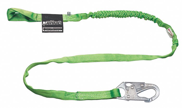 Shock-Absorbing Lanyard: Tubular Webbing, Steel Snap Hook, Polyester Web Loop, 1 Legs, Green