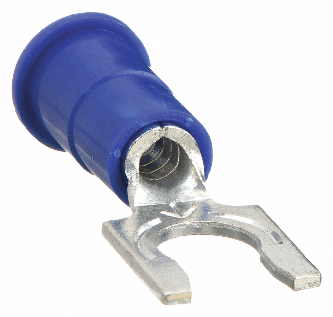 FORK TERMINAL, BLUE, #10 STUD SIZE, 16 AWG TO 14 AWG WIRE SIZE RANGE, 0.26 TO ½ INCHES, 100 PK