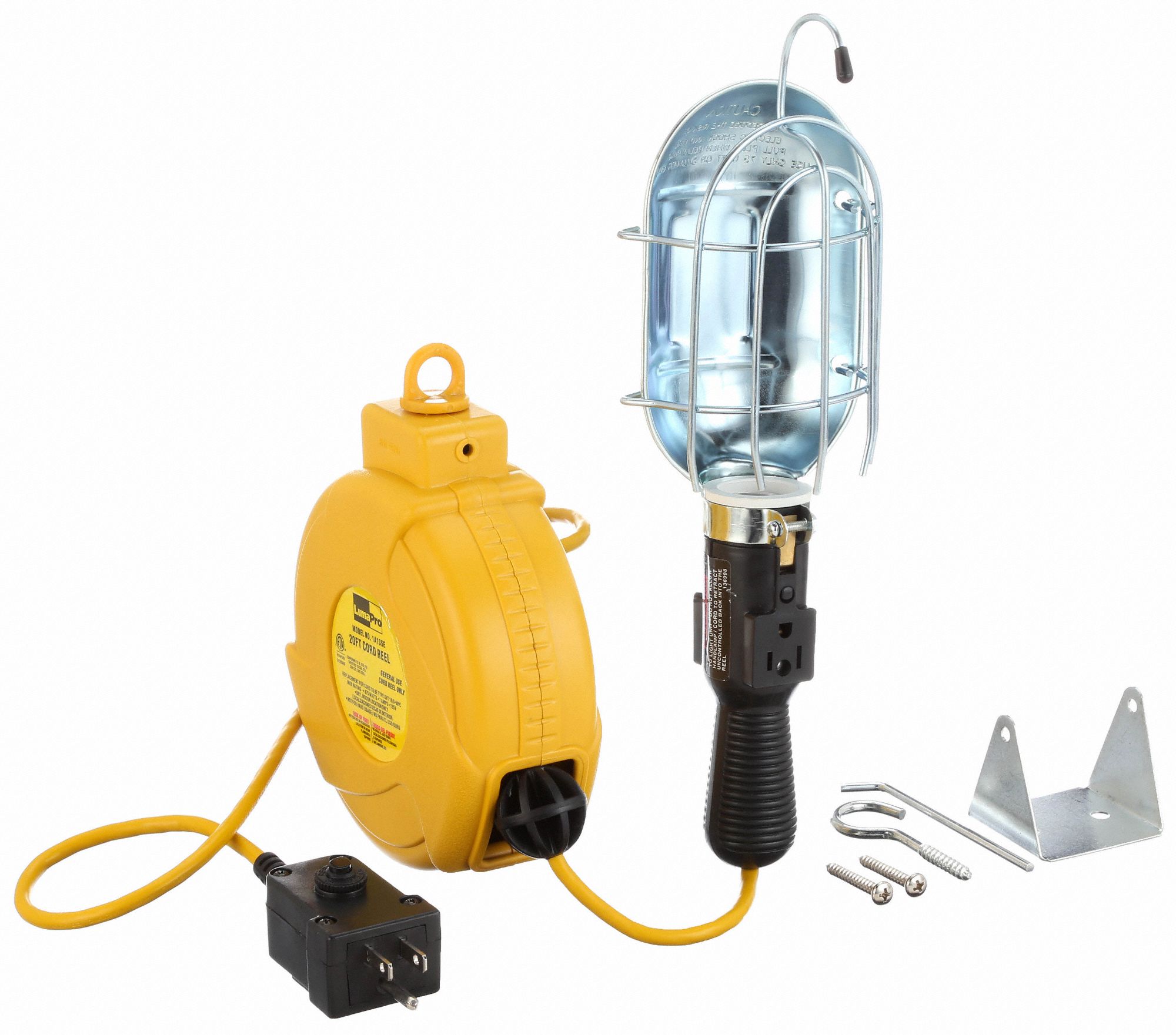 LUMAPRO Extension Cord Reel with Hand Lamp 20 ft Retractable Cord Lg, 18 AWG Wire Size, NEMA 5