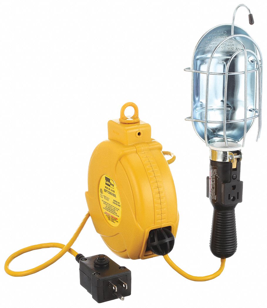 Extension Cord Reel with Hand Lamp: 20 ft Retractable Cord Lg, 18 AWG Wire  Size, 75 W Lamp Watts