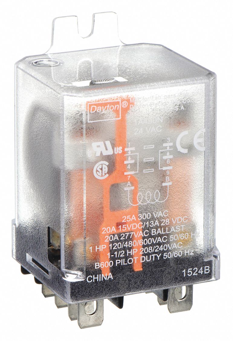 ENCLOSED POWER RELAY, SURFACE (SIDE FLANGE) MOUNTED, 24V AC, 8 PINS/TERMINALS, DPDT