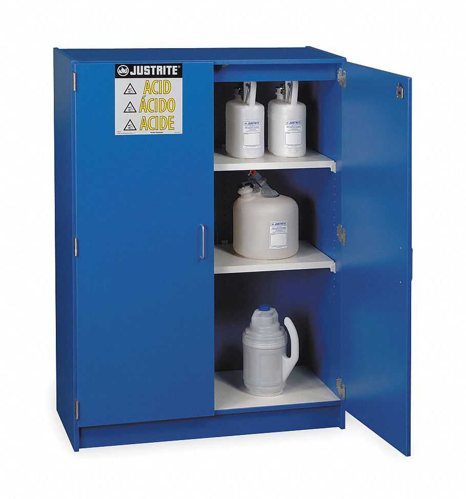 CORROSIVES SAFETY CABINET, STANDARD, 32 GAL, 42X18X60 IN, BLUE, MANUAL CLOSE, WOOD LAMINATE