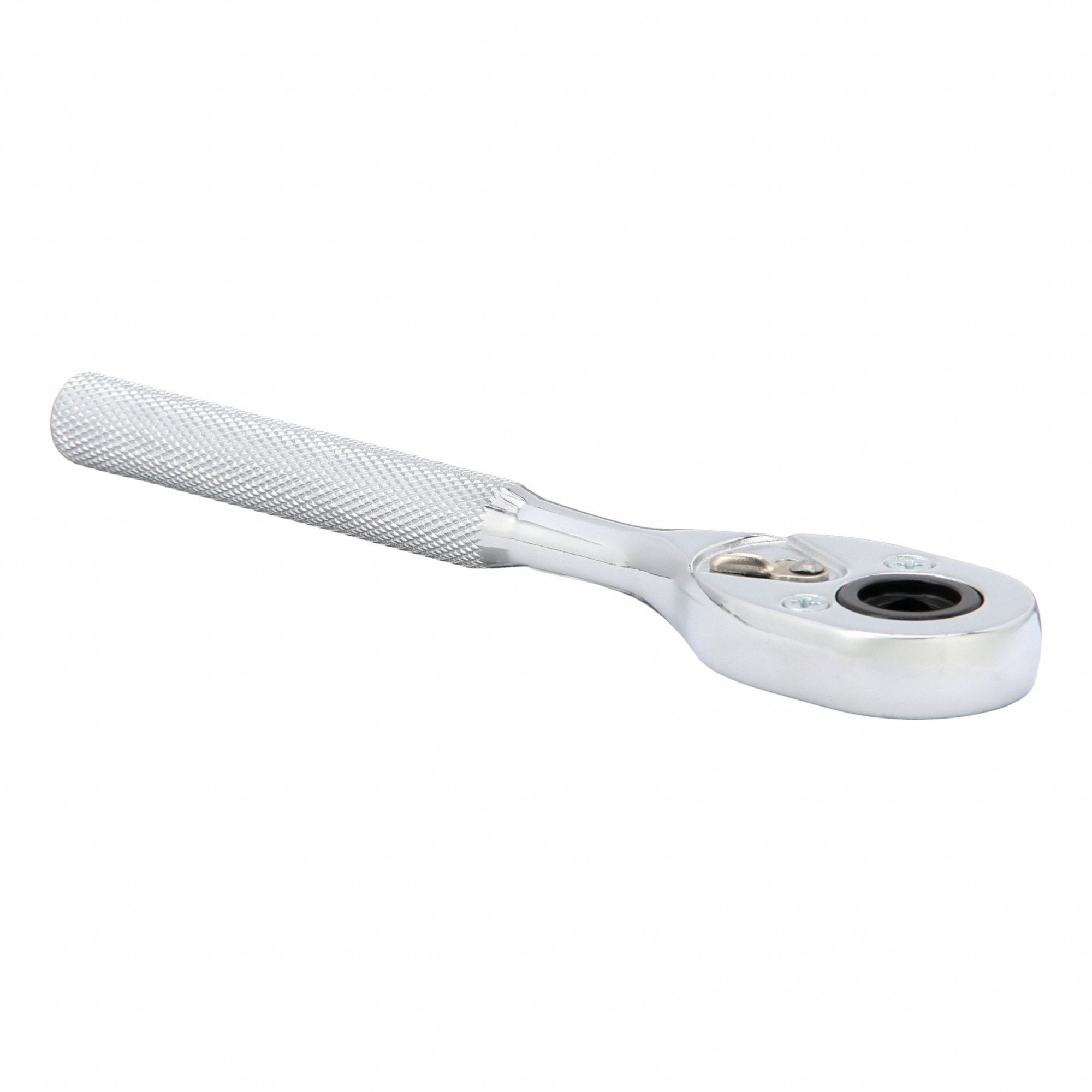 Hand Ratchet: Pear, Reversible, 7 in Overall Lg, Chrome, 15° Min Arc Swing, 3/8 in Drive Size