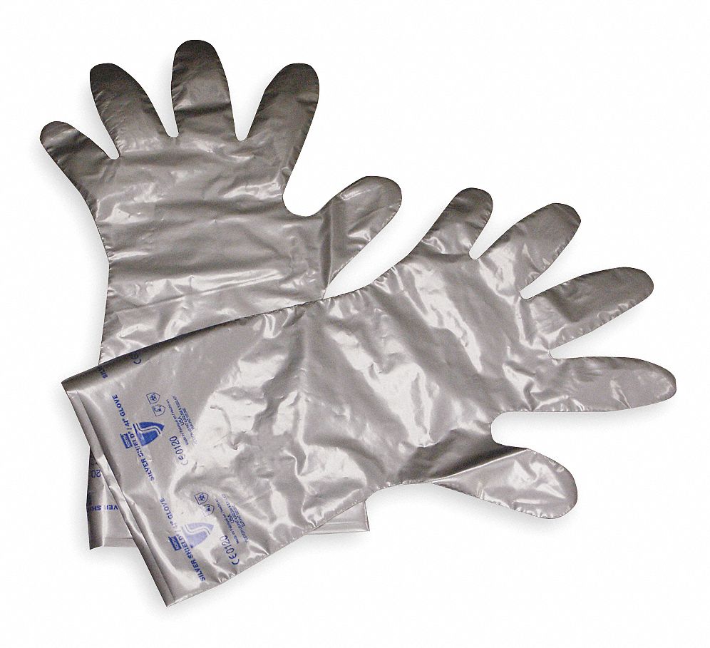 CHEMICAL RESISTANT GLOVES, 2.7 MIL, 16 IN LENGTH, SIZE 9, SILVER, 10 PK