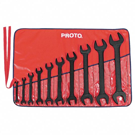 PROTO Open End Wrench Set: Alloy Steel, Black Oxide, 10 Tools, 5/16 in to 1  5/8 Range of Head Sizes