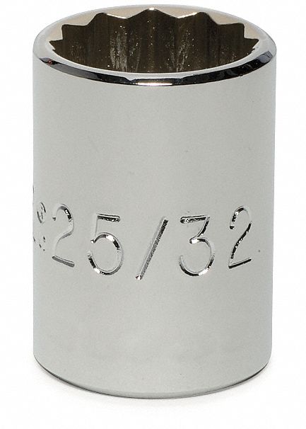 Socket: SAE, 1/2 in Drive Size, 25/32 in Socket Size, 12-Point, Std, Chrome, Socket