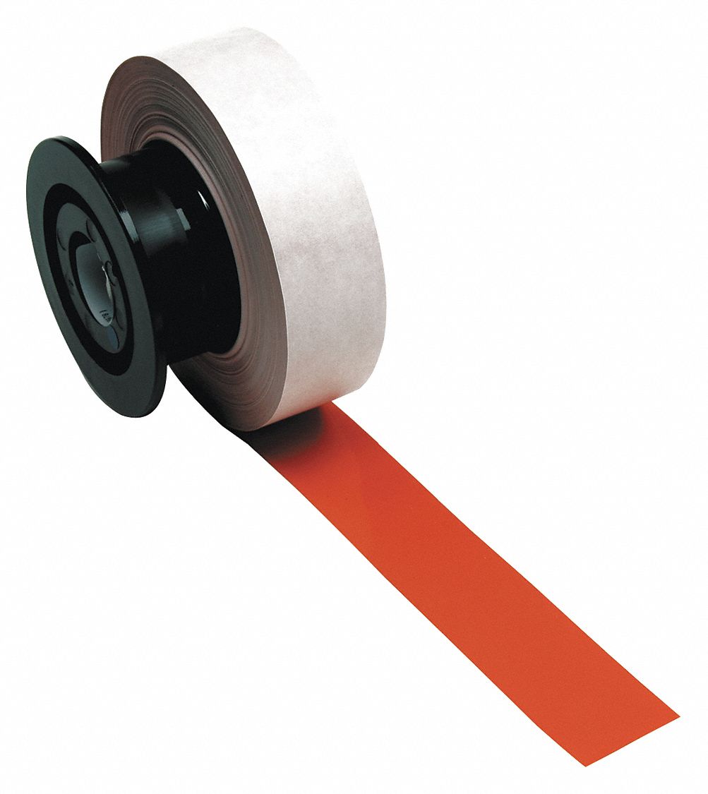 Continuous Label Stock: 1 1/8 in x 110 ft, Vinyl, Orange (Gloss), Indoor/Outdoor