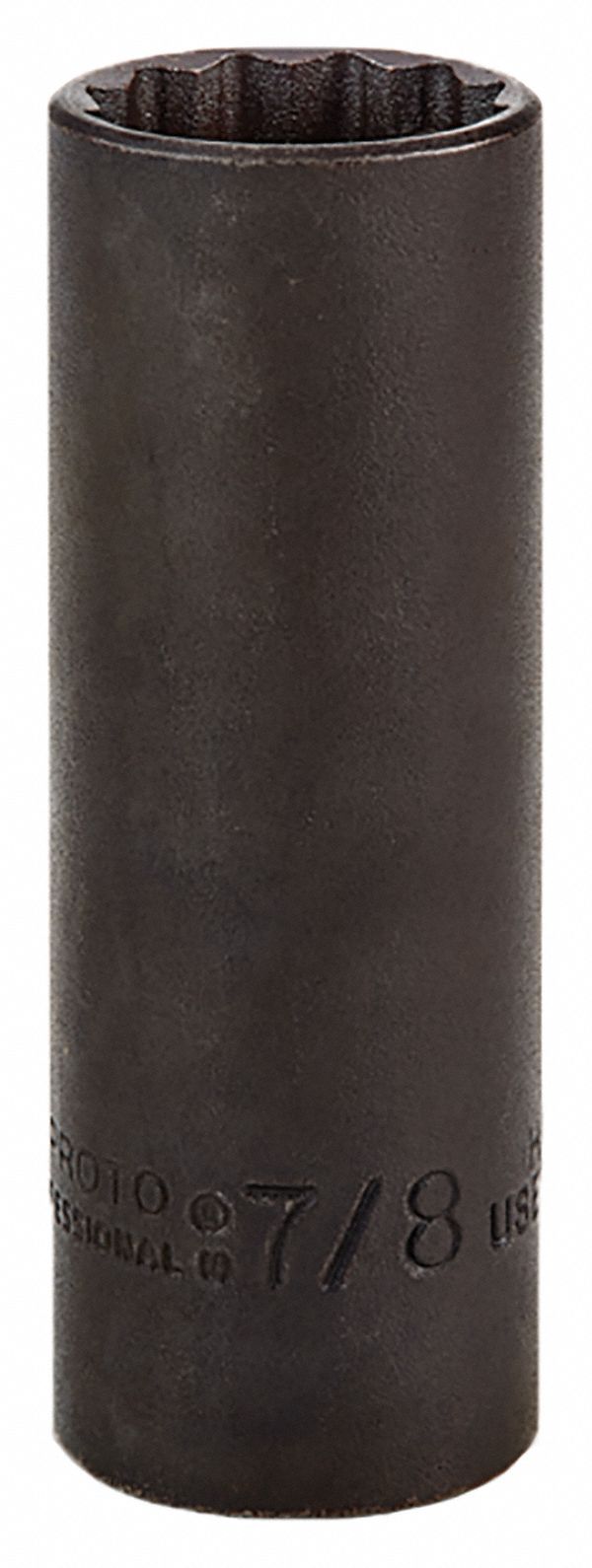 Socket: SAE, 1/2 in Drive Size, 7/8 in Socket Size, 12-Point, Deep, Black Oxide, Socket