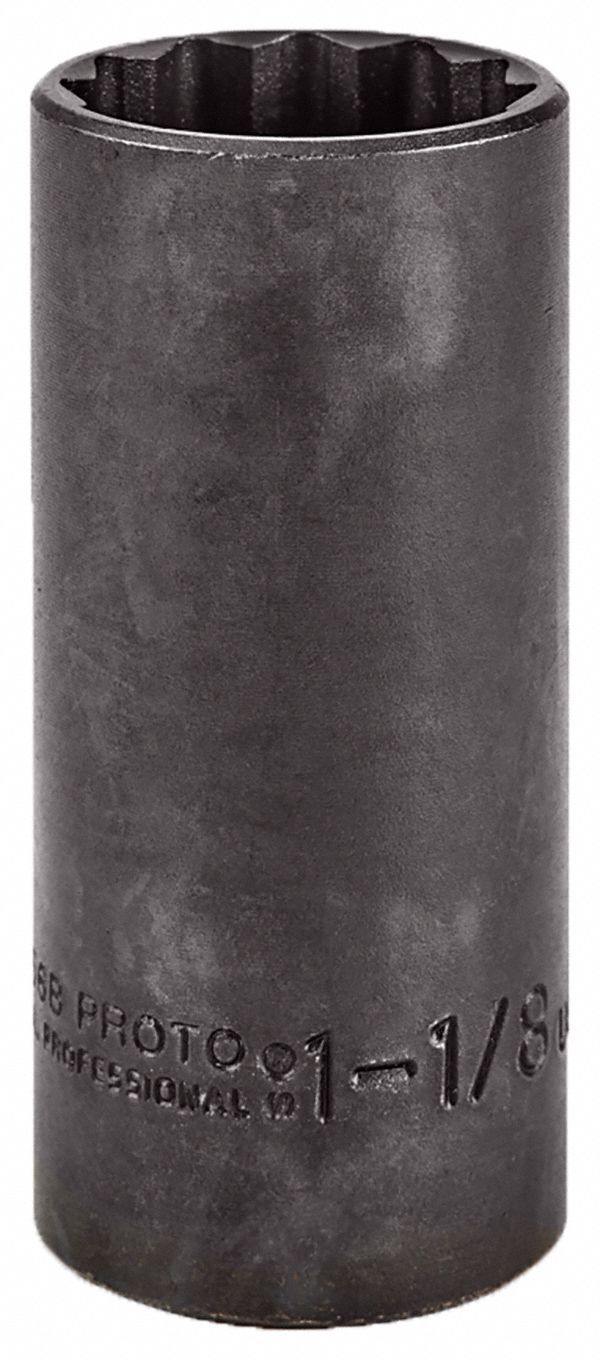 Socket: 1/2 in Drive Size, SAE, 1 1/8 in Socket Size, 12-Point, Deep, 3 1/4 in Overall Lg