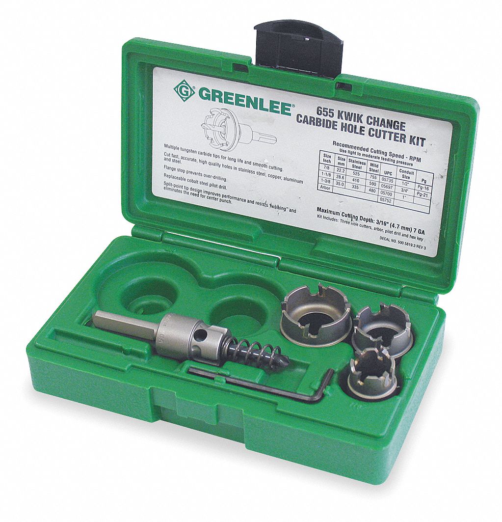 GREENLEE Hole Cutter Kit: 4 Pieces, 7/8 in to 1 3/8 in Saw Size Range, 1/8  in Max. Cutting Dp